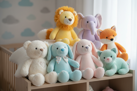 Fotografia (o render realistico) di uno scaffale o di un letto per bambini pieno di peluche morbidi: orsetti, conigli, cagnolini, gattini e altri animaletti stilizzati, tutti con colori delicati e forme dolci, senza loghi o dettagli riconoscibili. Alcuni peluche sono seduti in primo piano, altri appoggiati sul cuscino o nello scaffale, creando una scena accogliente e piena. Ambiente caldo e luminoso, tipica cameretta dei bambini, con luce naturale morbida. Sfondo leggermente sfocato per mettere in risalto i
