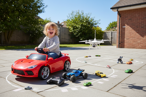Fotografia (o render realistico) di uno spazio all’aperto, tipo vialetto o cortile, in una giornata luminosa. In primo piano ci sono diversi veicoli per bambini: un’auto cavalcabile su cui è seduto un bambino che sembra pronto a partire, accanto un’auto radiocomandata con il telecomando appoggiato vicino, qualche macchinina giocattolo posizionata su una piccola pista disegnata a terra e, più in alto nella scena, un drone giocattolo che sta volando o sospeso a mezz’aria. L’atmosfera è dinamica e divertente, 